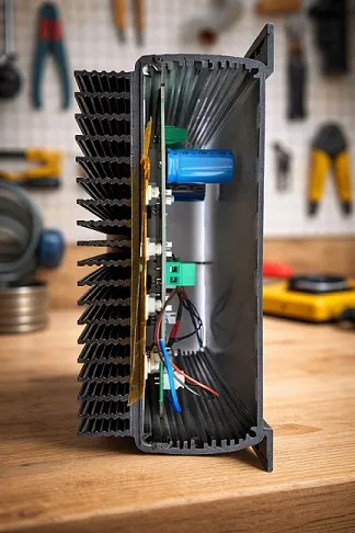 Karagre motor controller opened to show electronics and wiring